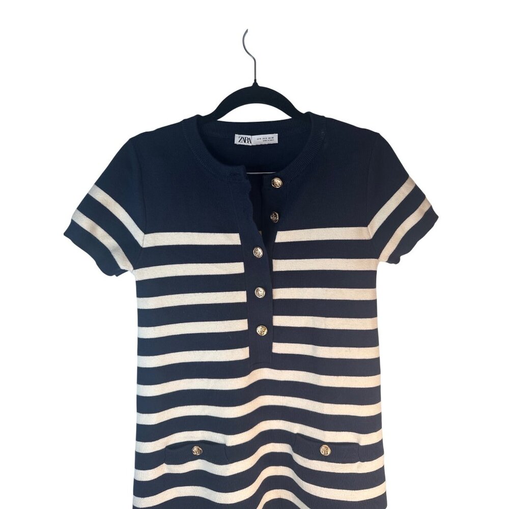 ZARA Navy & White Small Striped Short Sleeve Button Front Shift Dress - Picture 9 of 14
